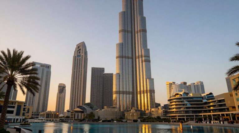 Skyline de Dubaï au crépuscule, quartier des affaires