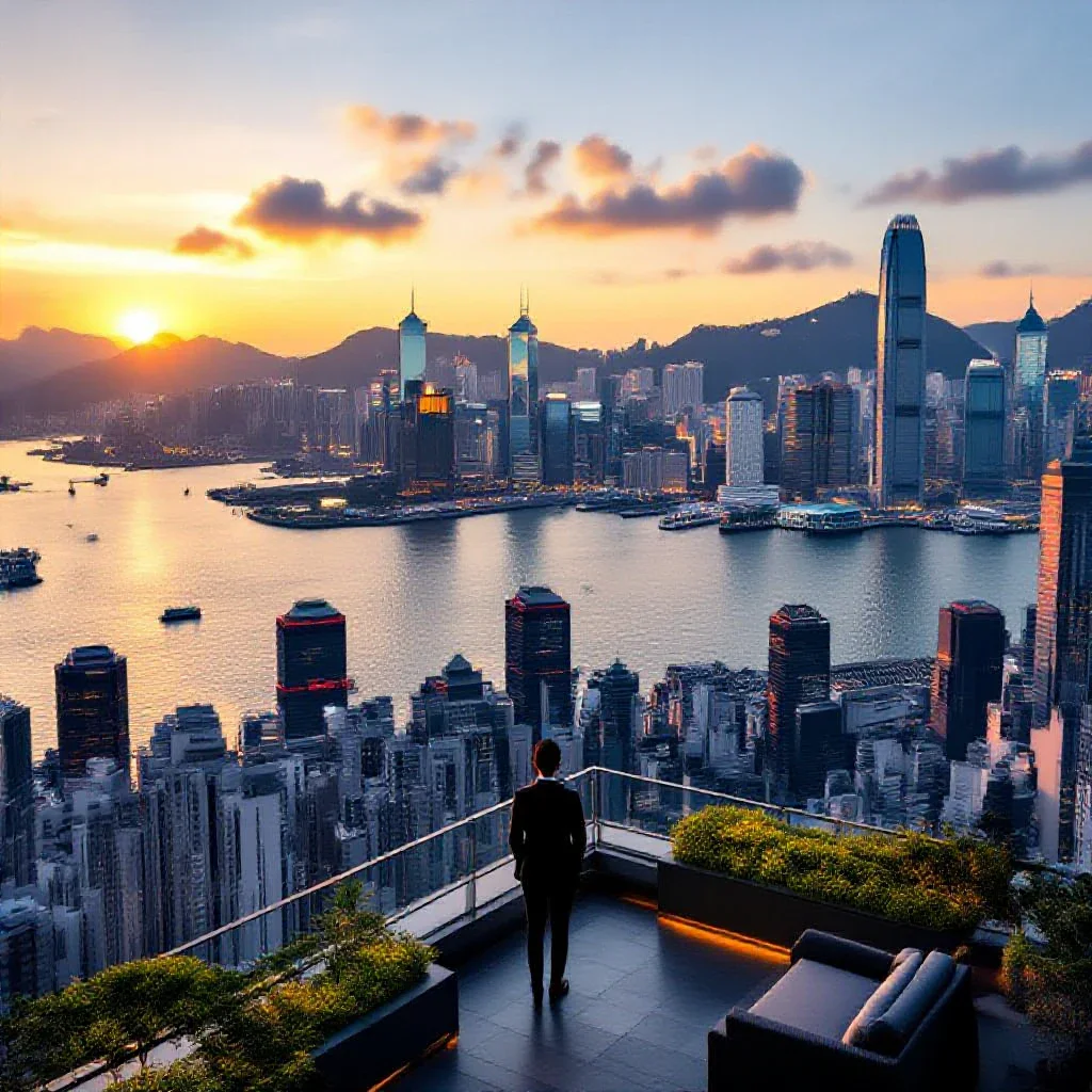 A professional expatriate stands on a modern rooftop terrace overlooking Hong Kong's Victoria Harbour skyline during golden h