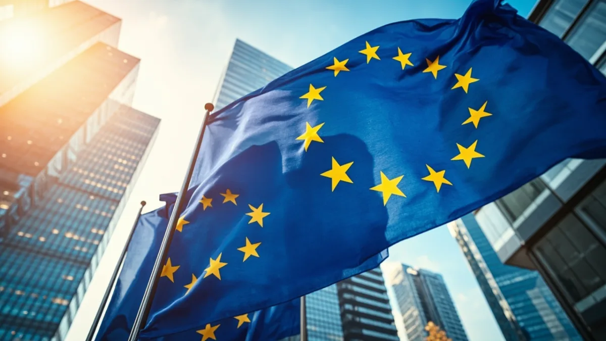 Drapeaux de l'Union européenne devant un quartier d'affaires moderne, illustrant la carte bleue européenne