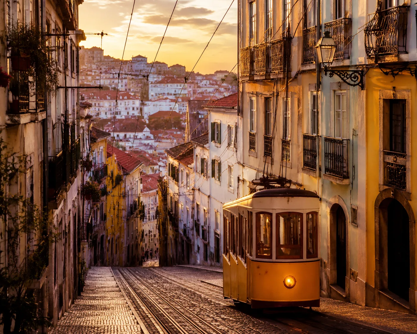 Vue colorée des collines de Lisbonne avec un tramway jaune