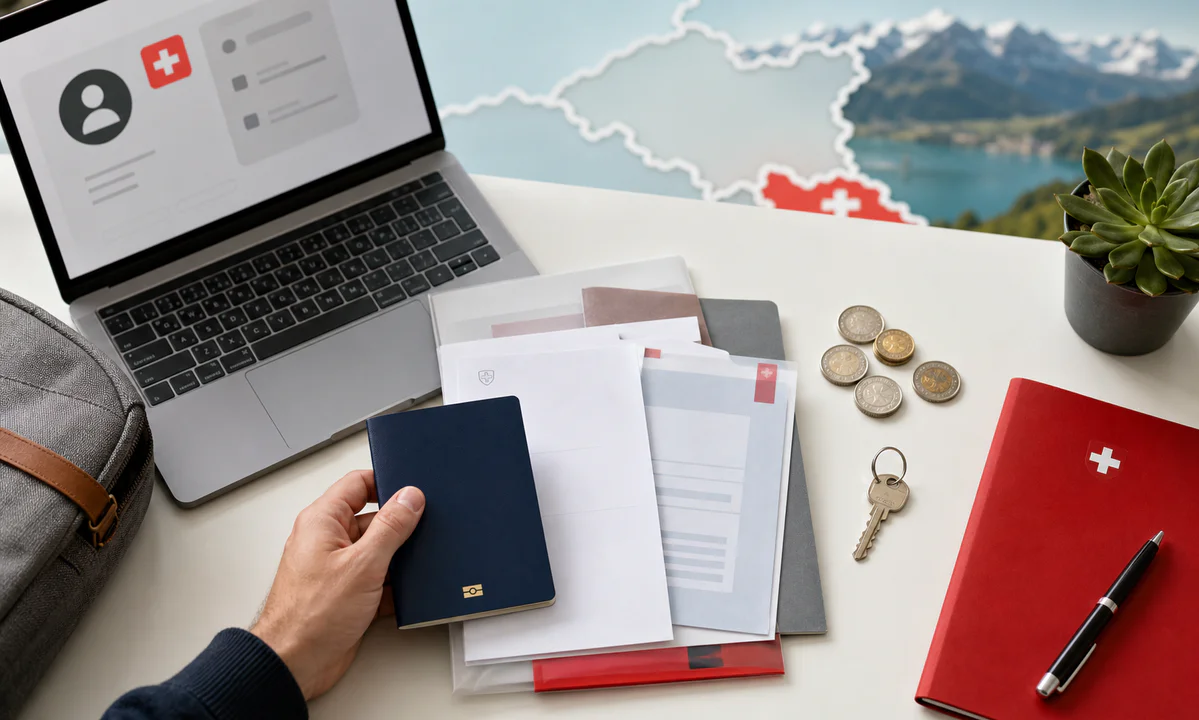 Bureau moderne avec passeport, documents administratifs, ordinateur, francs suisses et clé, symbolisant la préparation d'un p