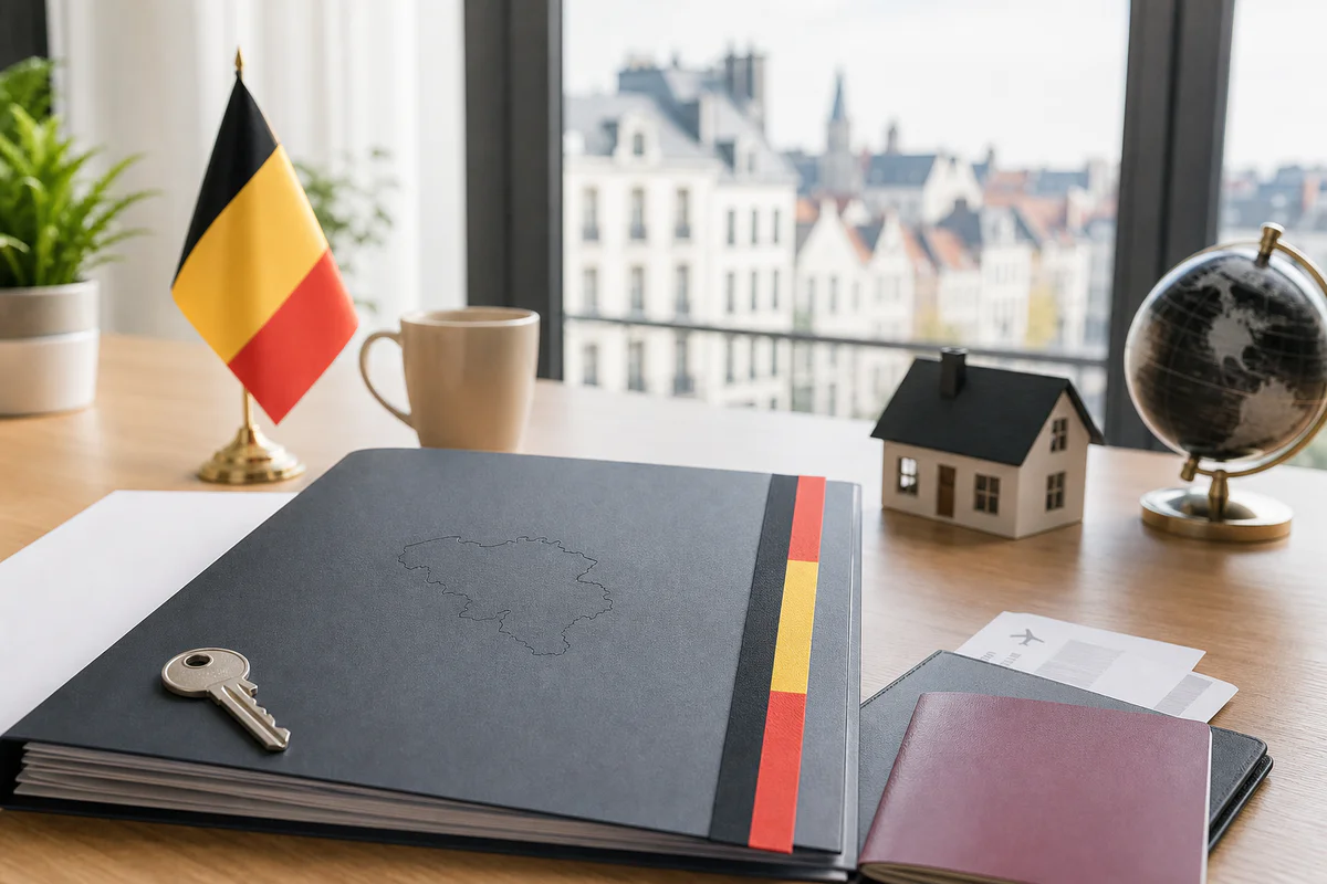 Organized residence documents, keys and Belgian visual elements on a desk, symbolizing domiciliation and moving to Belgium.