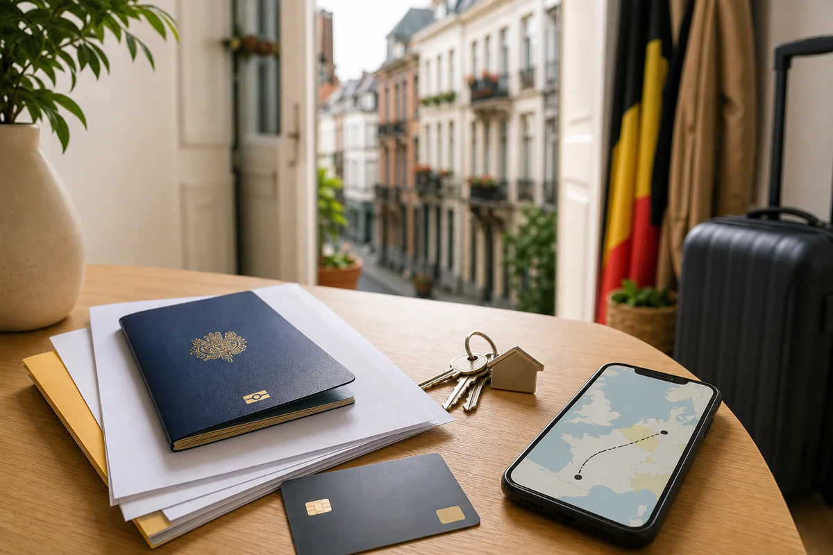 Documents, keys and a passport on a table with Brussels architecture in the background, symbolizing a French person settling