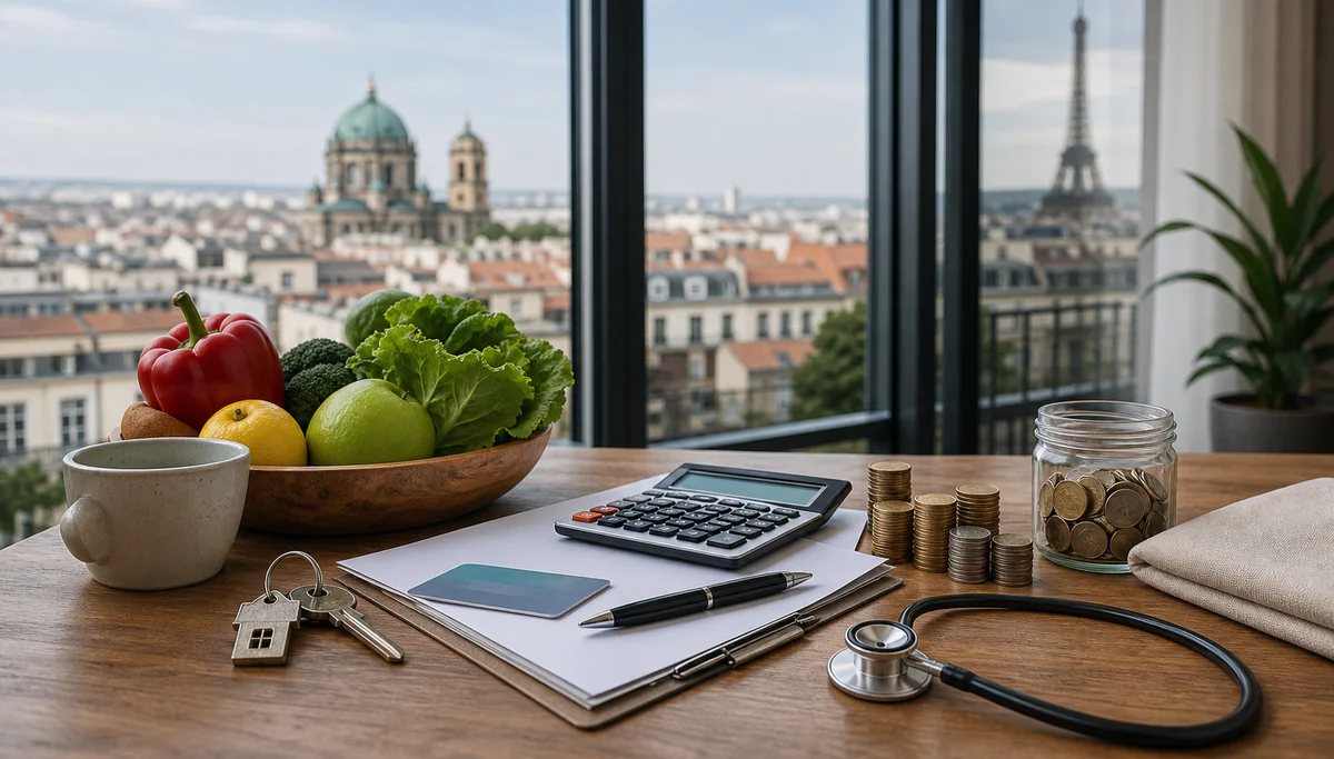 Desk with budget items, coins, groceries, keys and a Bulgarian city apartment view symbolizing the cost of living in Bulgaria