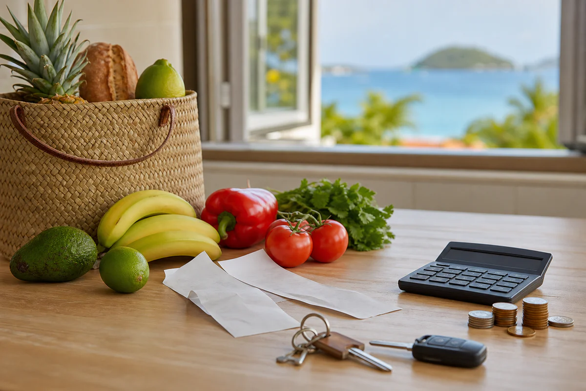 Budget items including groceries, keys, coins and a calculator on a table with a Martinique coastal view, symbolizing the cos