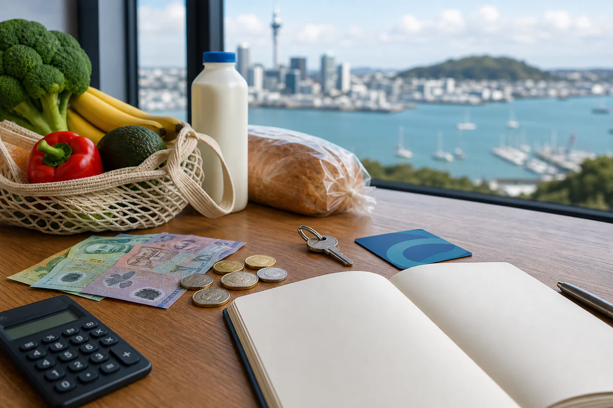 Budget planning items with New Zealand money, keys, groceries and transport card overlooking Auckland and green hills.