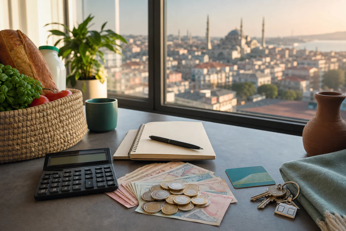 Table with Turkish lira, calculator, groceries, transit card and apartment keys symbolizing the cost of living in Turkey for