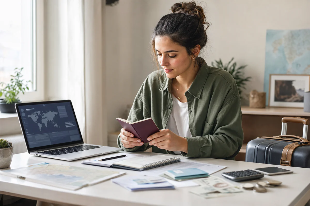 Young traveler planning a working holiday abroad with passport, laptop, suitcase and travel documents on a modern desk.