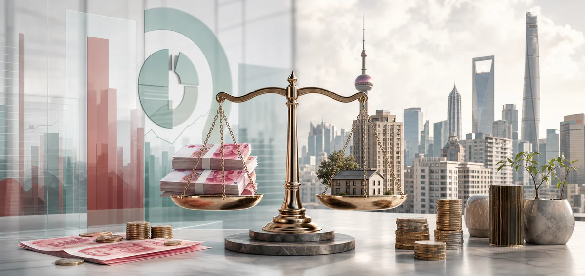 Illustration symbolique du salaire moyen en Chine avec yuans, immeubles urbains, graphiques financiers et coût de la vie.