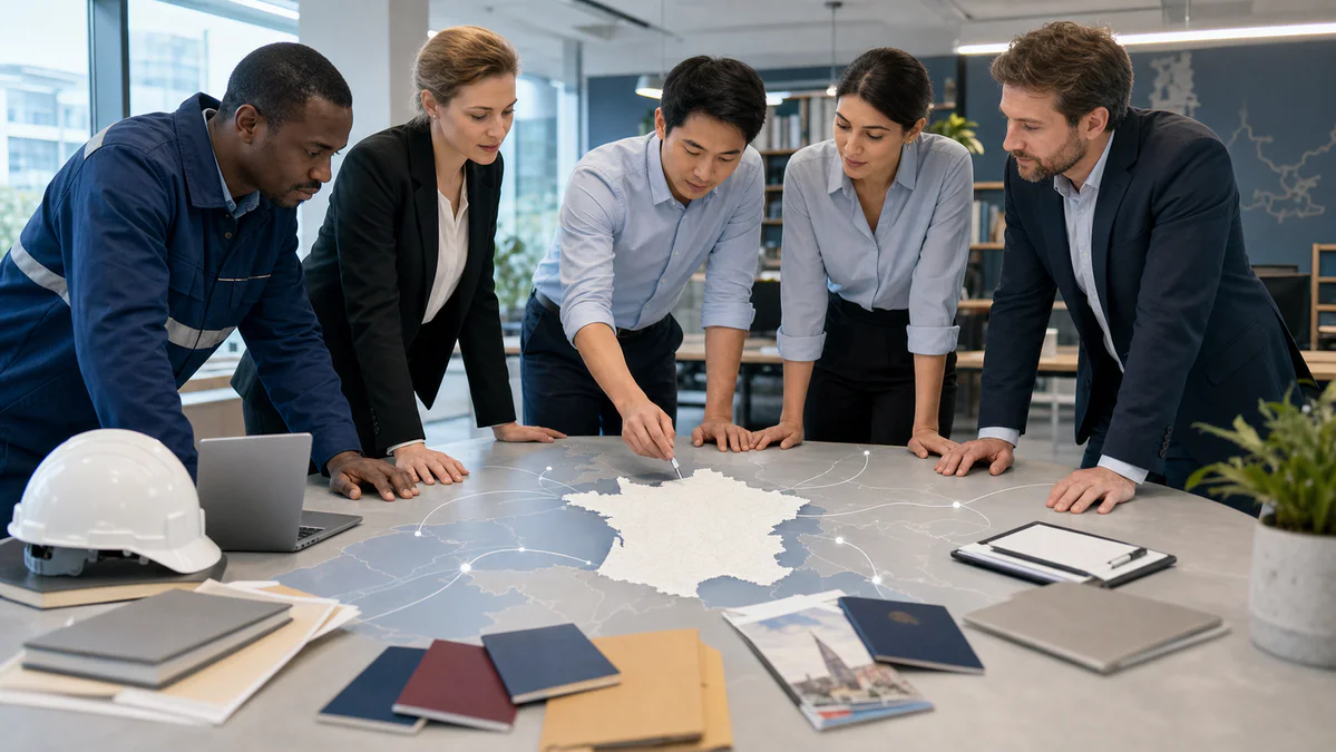 Illustration of diverse workers on a temporary assignment in France, symbolizing posted workers and cross-border employment.