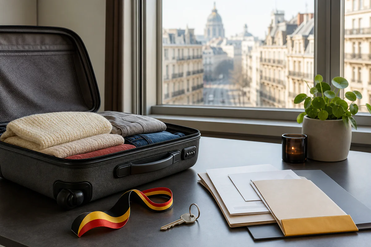 Open suitcase, keys and administrative documents on a table with a blurred Belgian city street in the background, symbolizing