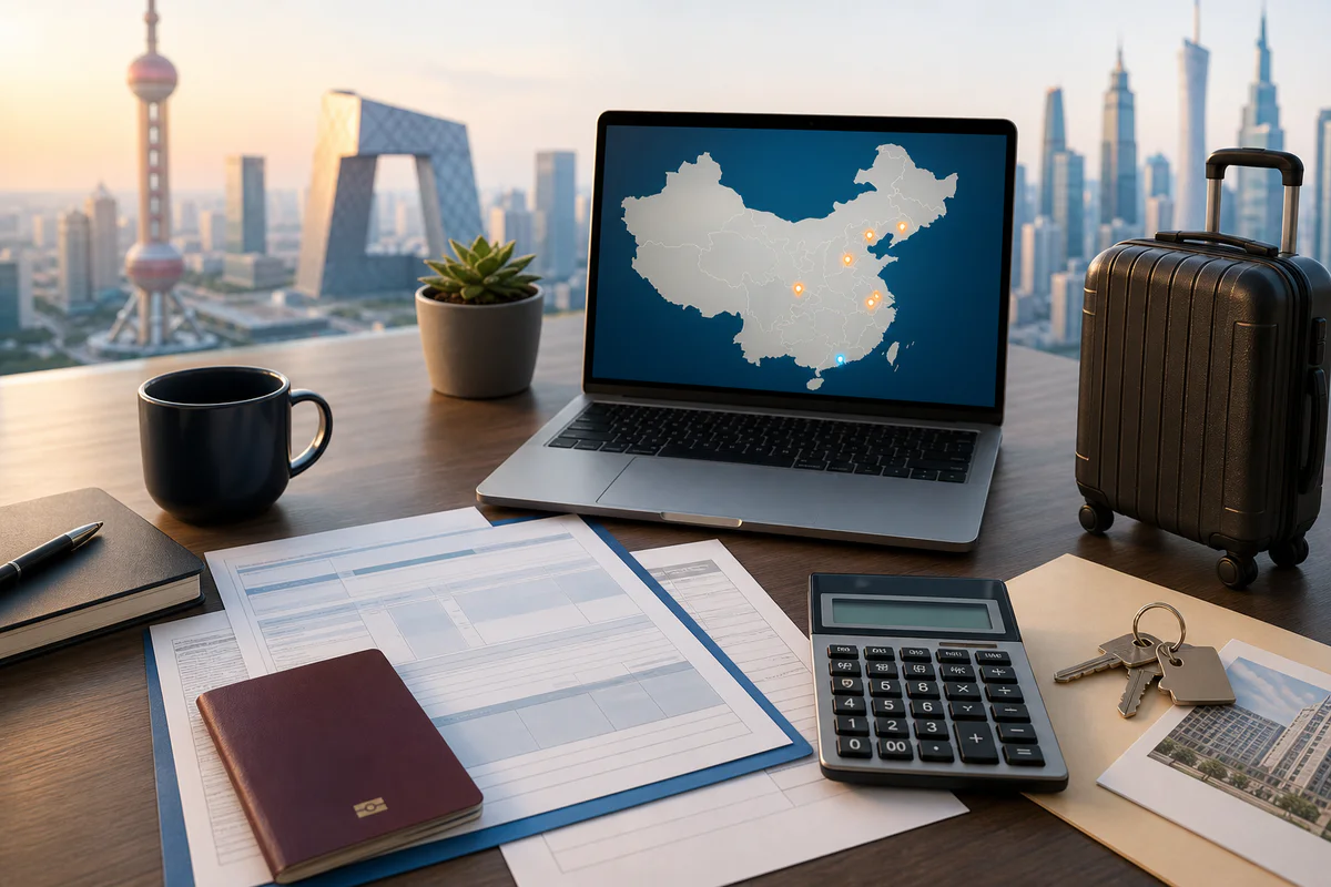 Bureau de préparation à une expatriation en Chine avec passeport, documents de visa, ordinateur, calculatrice, clés et valise