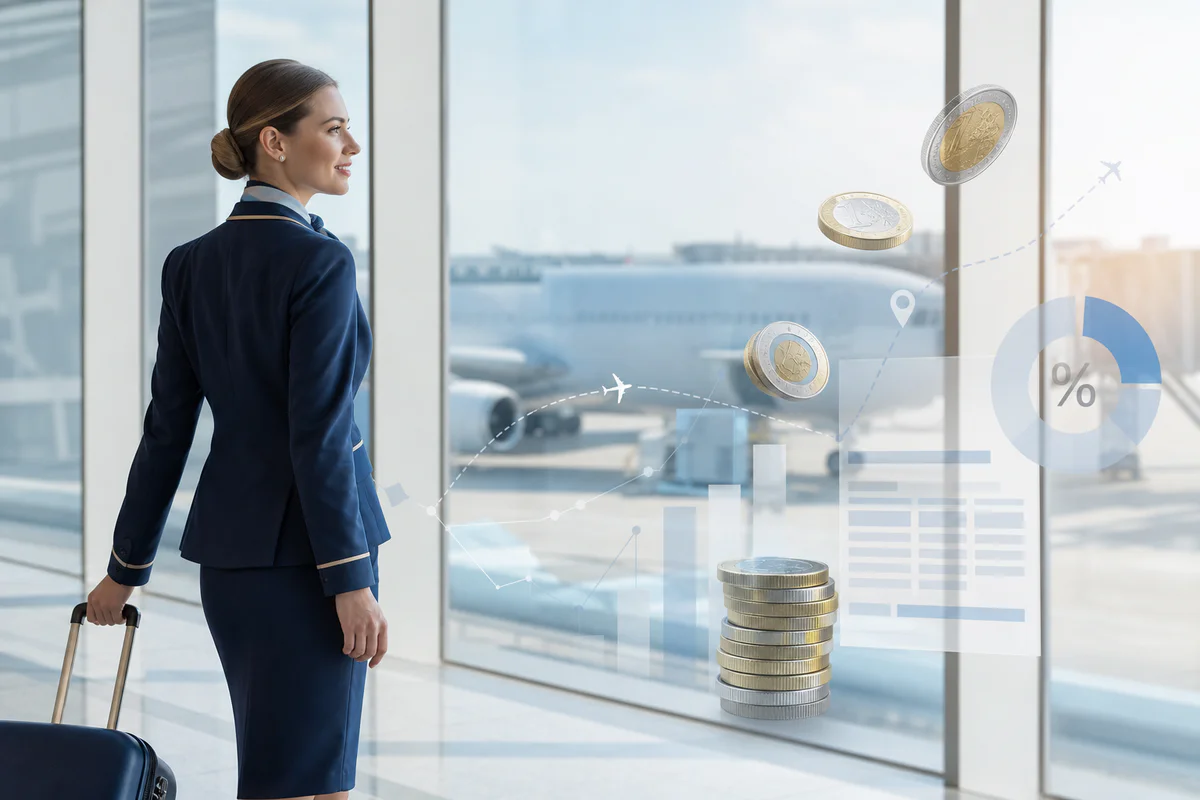 Cabin crew member in an airport terminal with abstract euro and flight route elements representing airline salary variations.