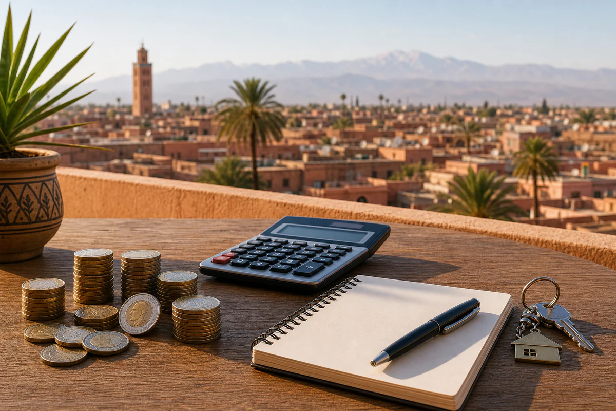 Financial planning objects on a rooftop overlooking Marrakech, symbolizing salary, cost of living, and relocation decisions.
