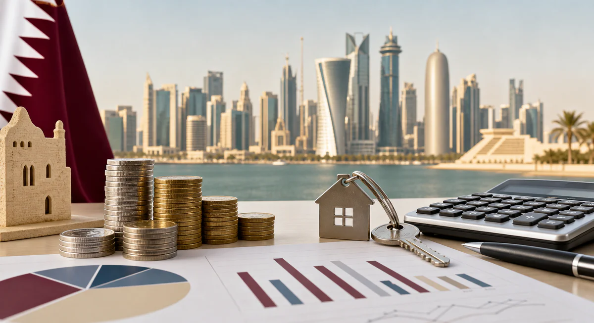 Conceptual image of Doha skyline with financial objects and a key representing salary, housing costs, and purchasing power in