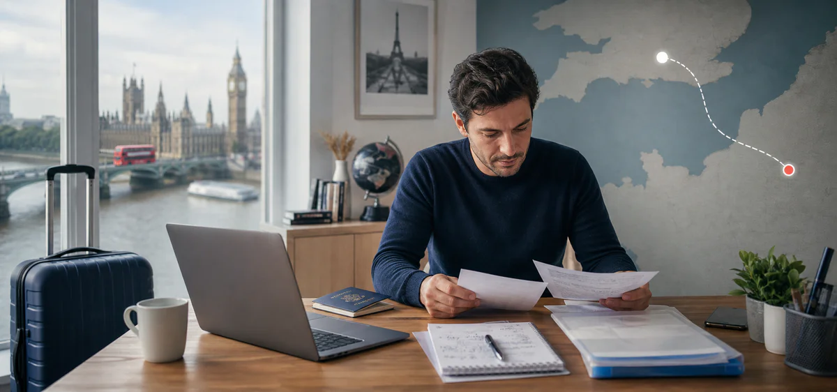 A professional preparing documents and a suitcase for working in England from France, with subtle London and travel elements