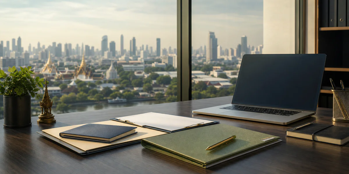 Professional desk with passport, visa documents, laptop, and Bangkok skyline symbolizing legal work conditions in Thailand.