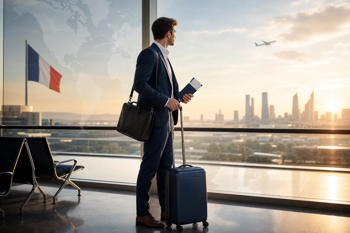 Young professional at an airport preparing for an international work assignment.