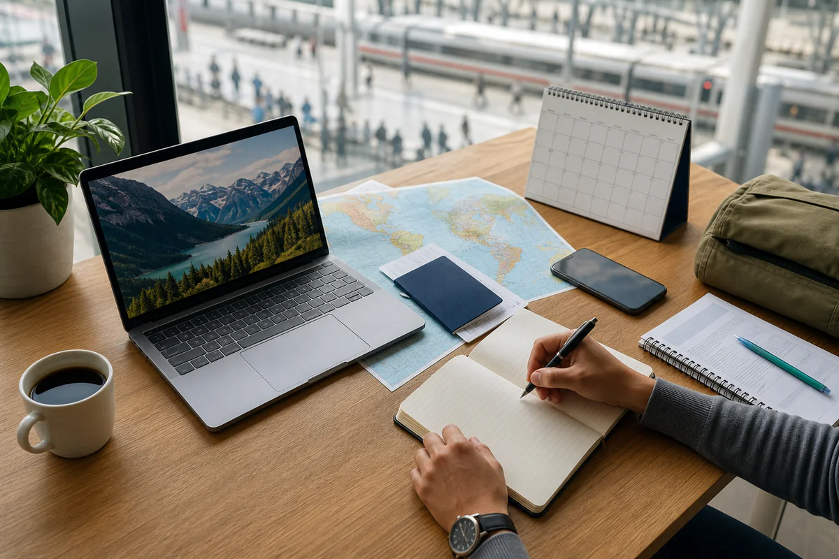 Workspace with laptop, passport, documents, calendar, and travel items symbolizing organized remote work while traveling.