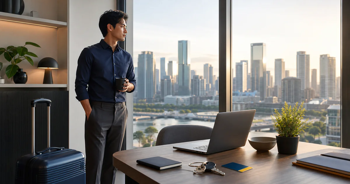 Young professional preparing for an international corporate assignment with travel, housing, and work essentials in a modern