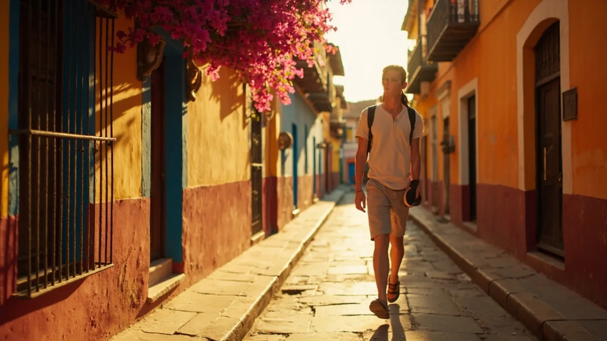 PVT Mexique 2026 : jeune voyageur dans une ville coloniale mexicaine coloree