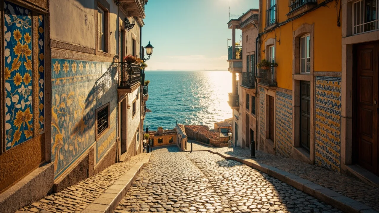 Travailler au Portugal : rue pavee coloree de Lisbonne le long du fleuve