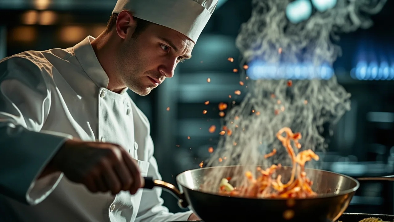 Cuisinier preparant un plat dans une cuisine professionnelle de restaurant a l'etranger