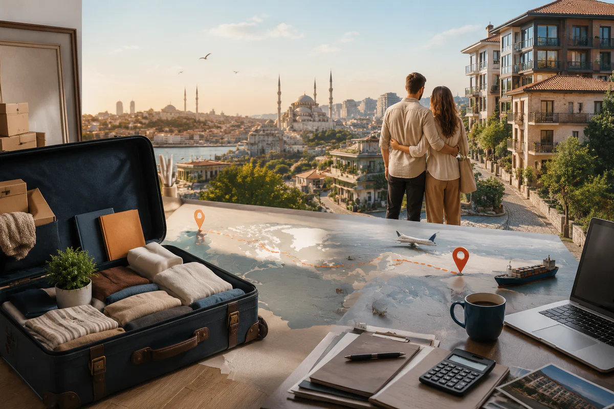 Valise organisée et itinéraire symbolique entre la France et la Turquie devant un quartier résidentiel turc, illustrant la pr