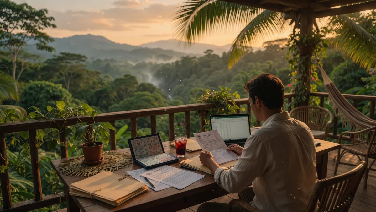 A professional works on residency documents and a laptop at an outdoor desk overlooking the lush green mountains of Costa Ric