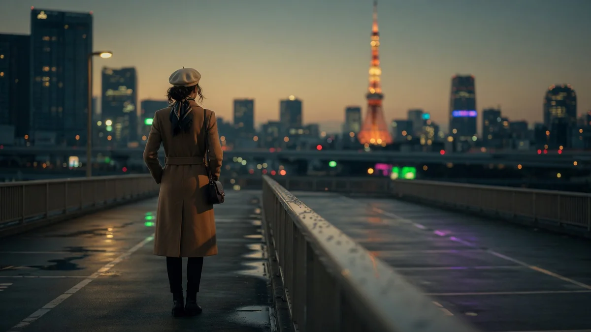 Jeune professionnel français observant la skyline de Tokyo illuminée au crépuscule, symbolisant le projet d'expatriation prof
