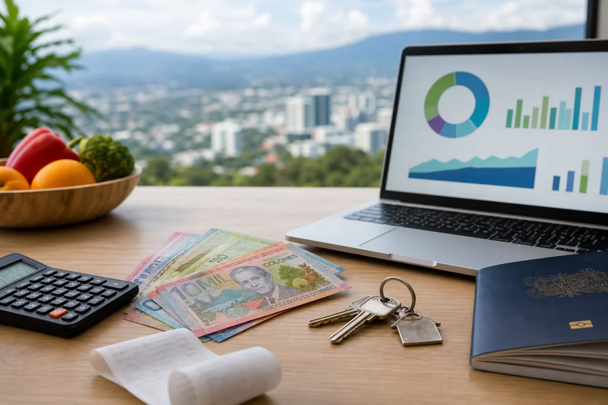 Financial planning scene with Costa Rican currency, calculator, keys and travel documents symbolizing average salary and cost