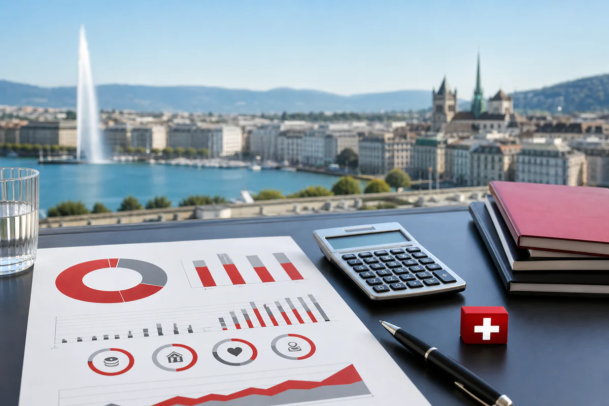 Financial planning scene with Geneva in the background, symbolizing salary comparison and cost of living in the canton.