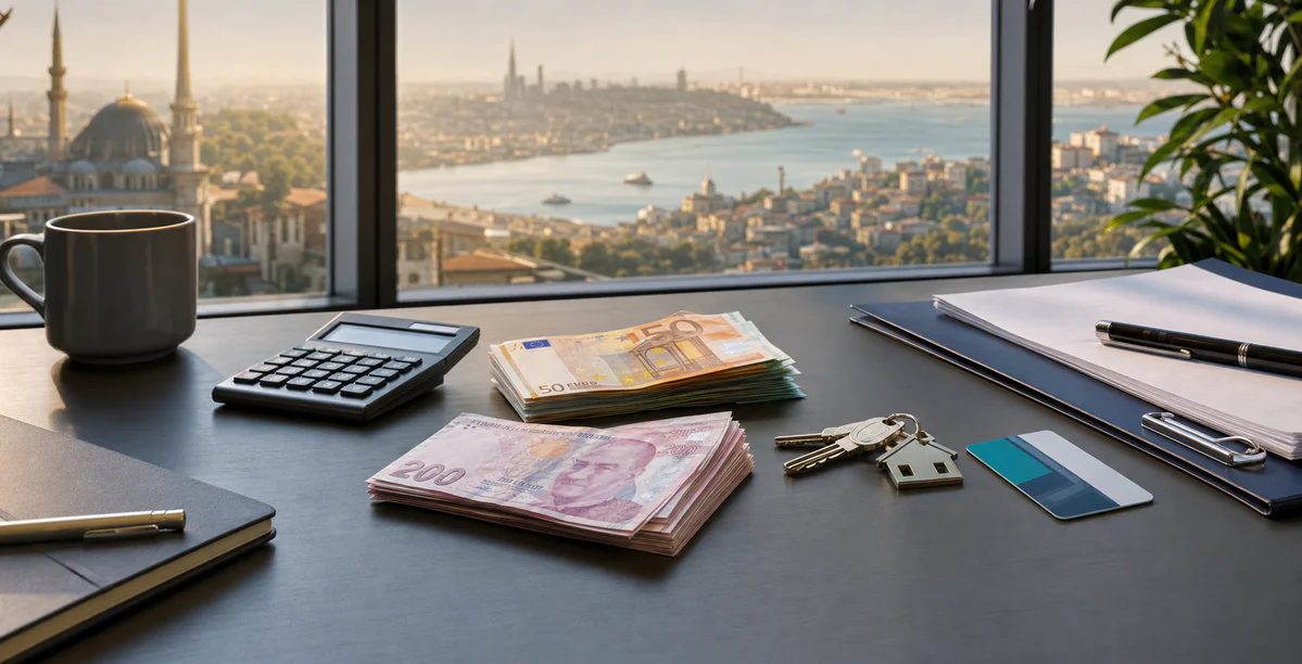 A desk with financial planning items overlooking the Istanbul skyline, representing salary and cost of living considerations.