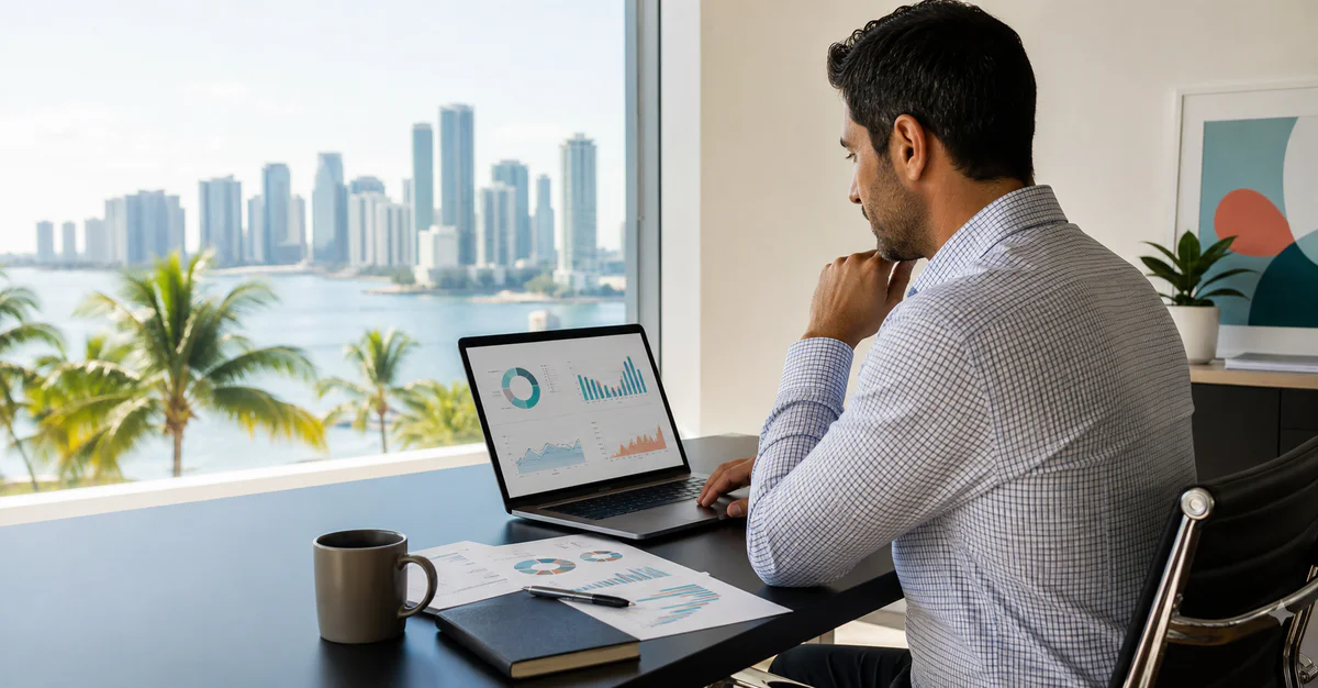 Professional reviewing salary and cost-of-living data with Miami skyline in the background.
