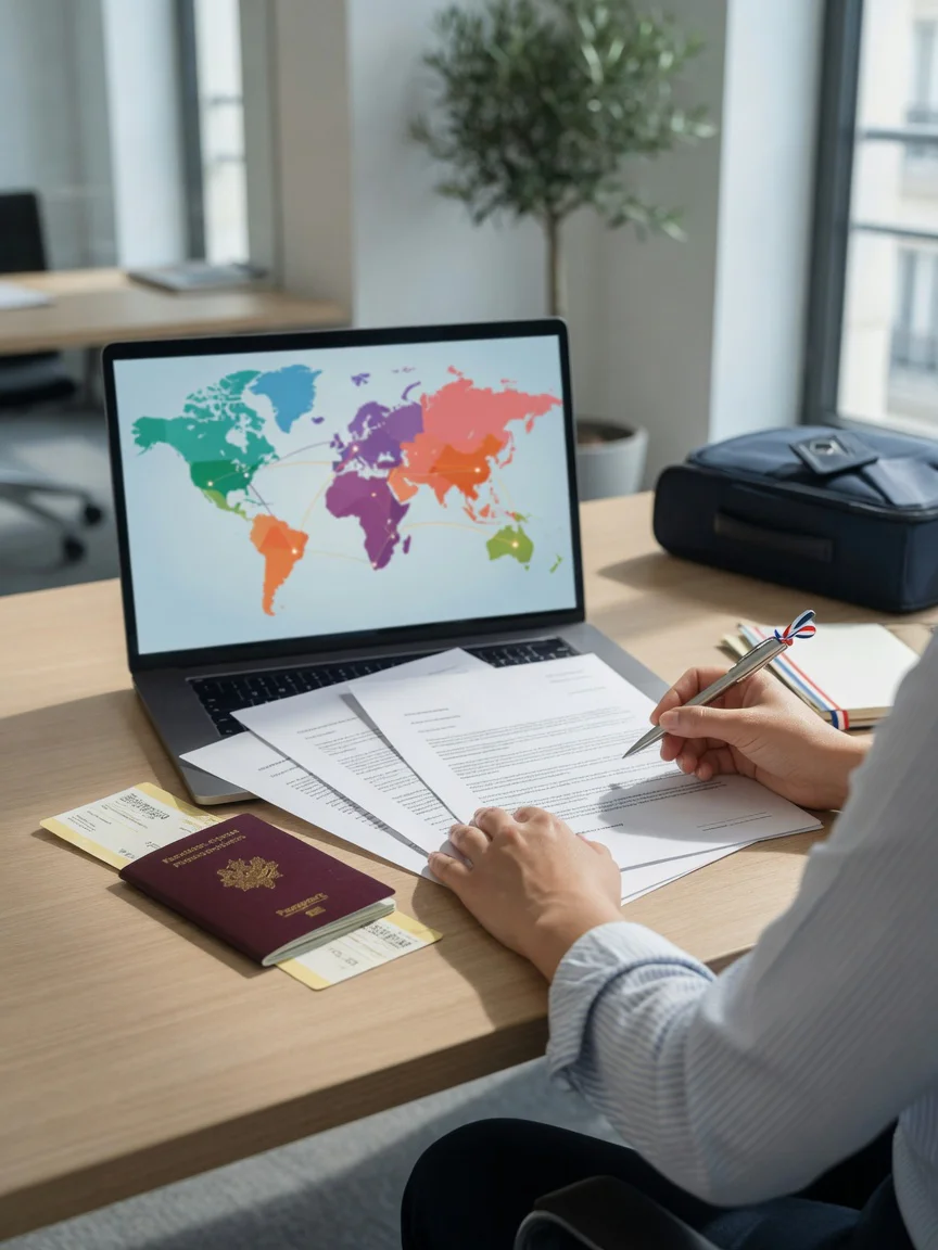 Un professionnel français prépare un projet de travail à l'étranger en examinant des documents, un passeport et une carte abs