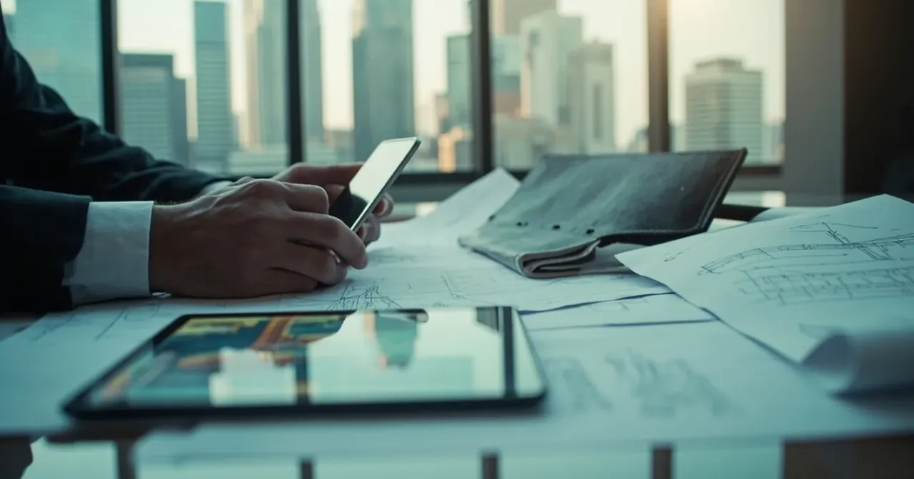 Investisseur expatrié étudie plans documents et tablette d’un penthouse