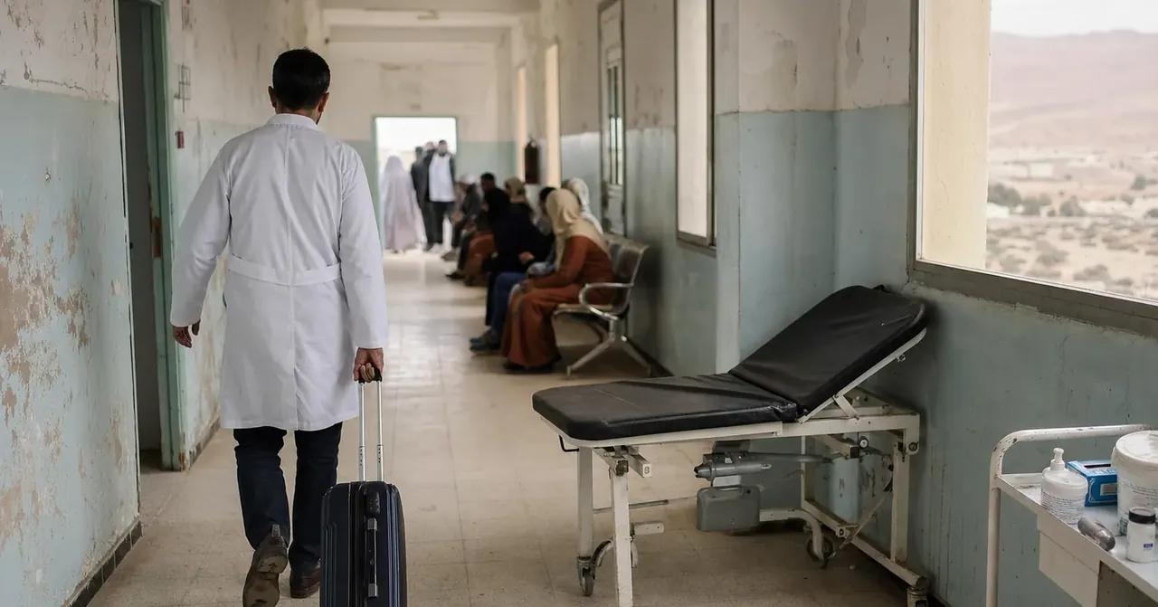 Médecin quittant l’hôpital rural marocain, patients attendant, paysage aride