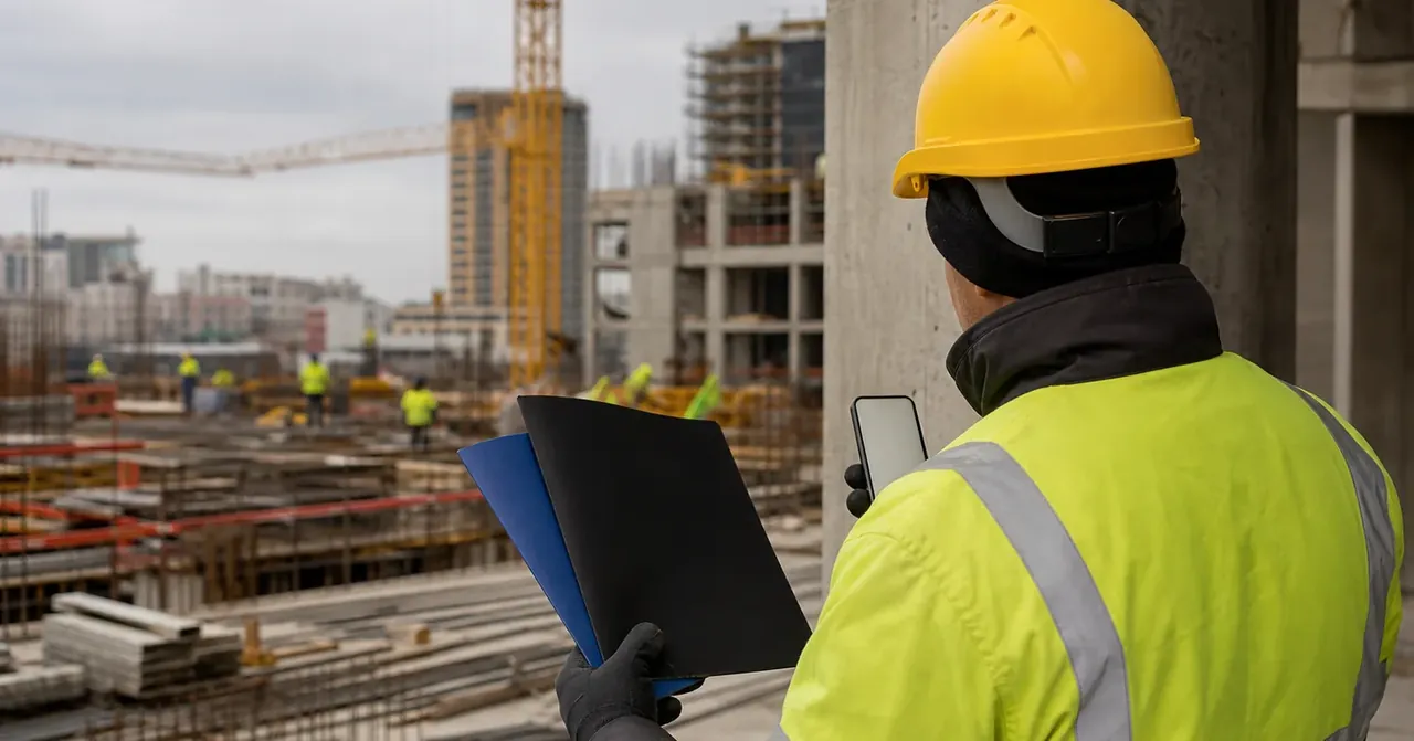 Ouvrier compare deux dossiers de recrutement sur chantier urbain