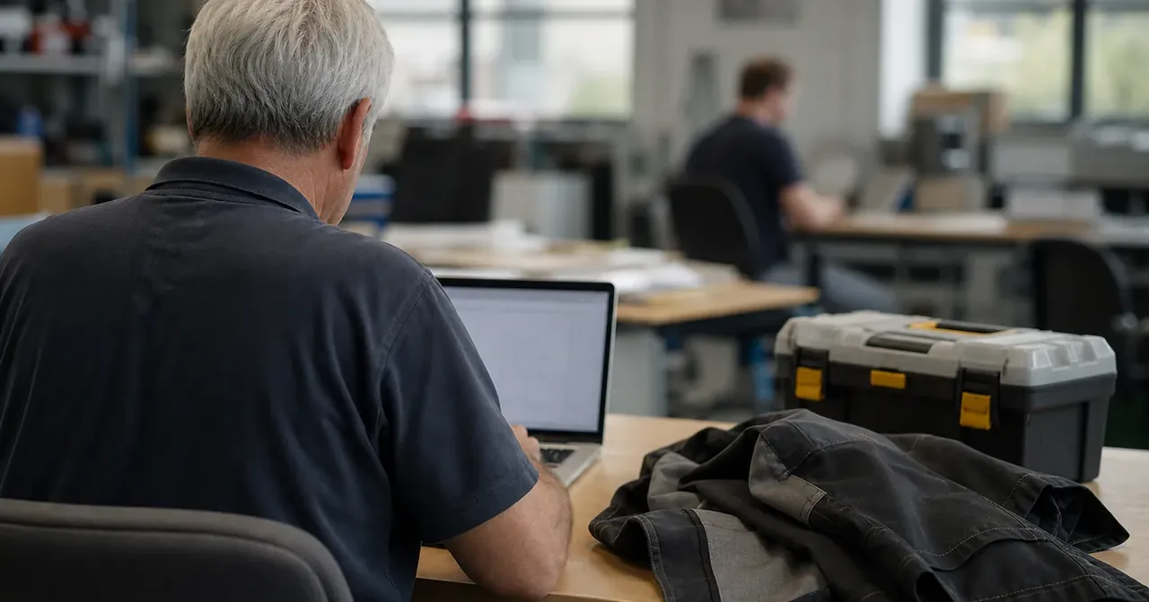 Un senior argenté travaille sur laptop dans un atelier-bureau