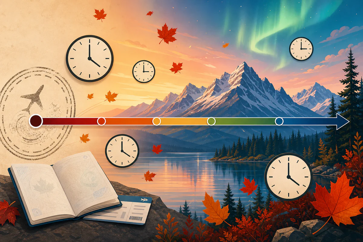 Editorial illustration showing a horizontal timeline transitioning from a passport into a Canadian mountain landscape, with m