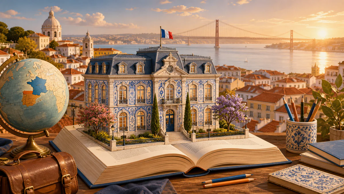 Stylized illustration of a European school building with Portuguese azulejo tile details rising from an open book, set agains