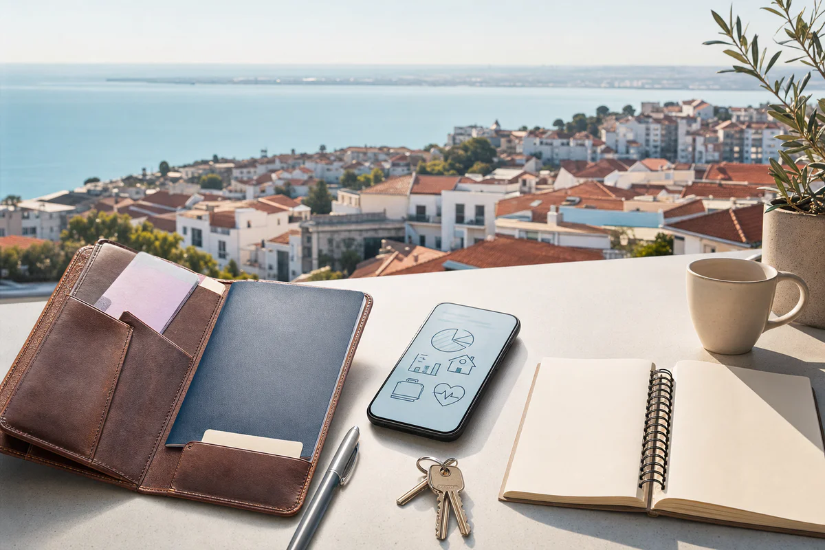 Planning essentials arranged in front of a Portuguese coastal cityscape, representing the practical preparation required for