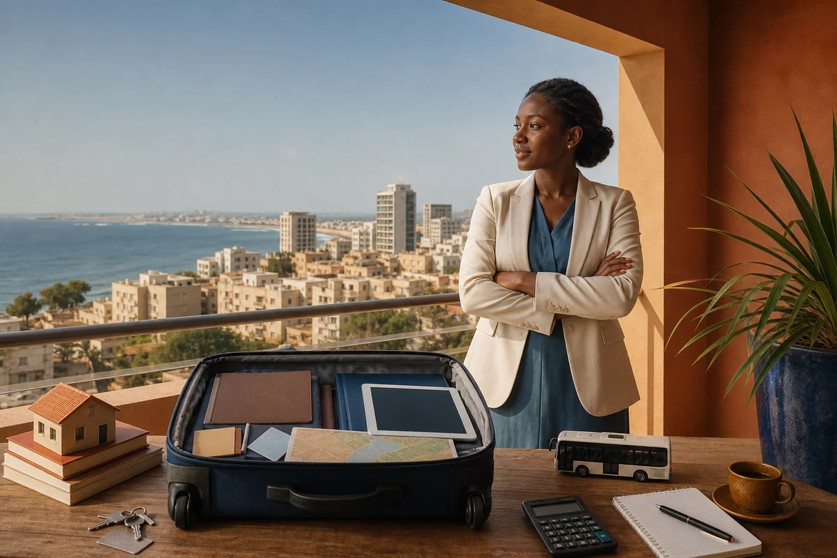Professionnel préparant son projet d’expatriation au Sénégal depuis un balcon donnant sur Dakar, avec une valise et des docum