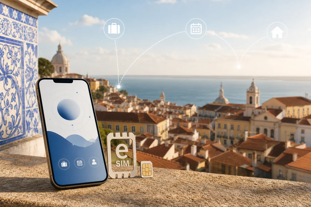 Smartphone, eSIM symbol, and SIM card arranged against a sunlit Portuguese city and coastal backdrop, representing mobile pla