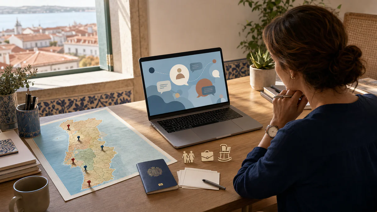 Person planning a move to Portugal with a laptop, map, and visual symbols representing expat communities, housing, work, fami