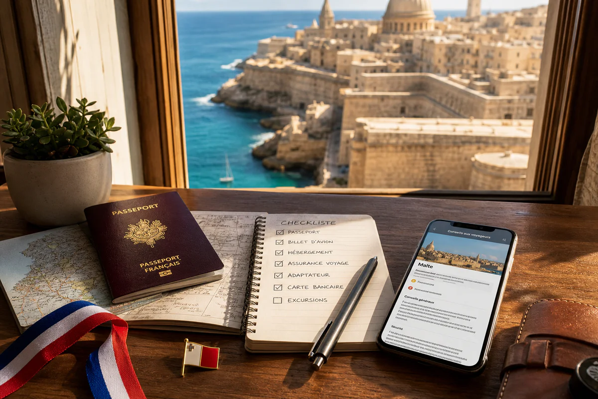 Travel preparation scene with French passport and travel documents on a desk overlooking Malta's Mediterranean coast, symboli