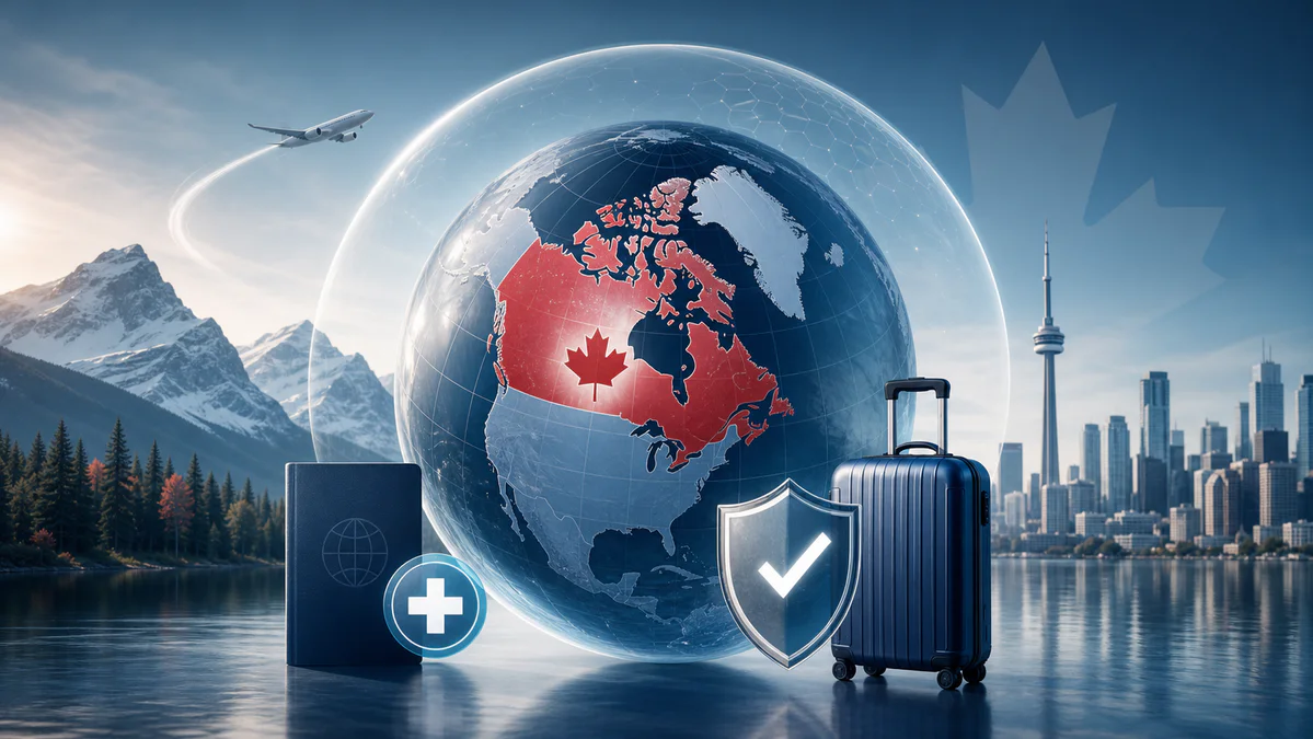 Professional illustration of a globe focused on Canada with travel, medical coverage, and security symbols representing worki