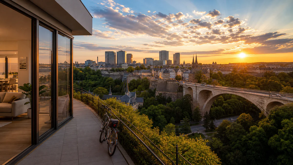 Vue panoramique de la ville de Luxembourg au coucher de soleil avec les tours modernes du Kirchberg, le quartier historique e
