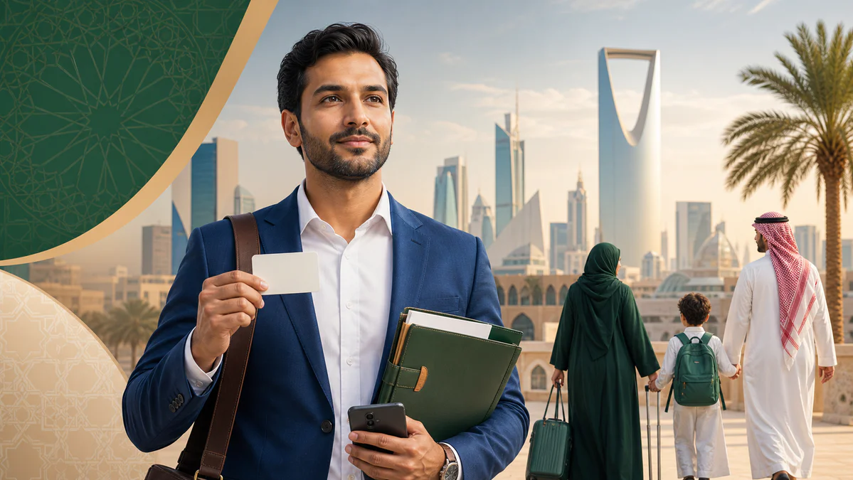 International professional representing an expatriate worker’s Saudi iqama residence process with documents, smartphone, fami