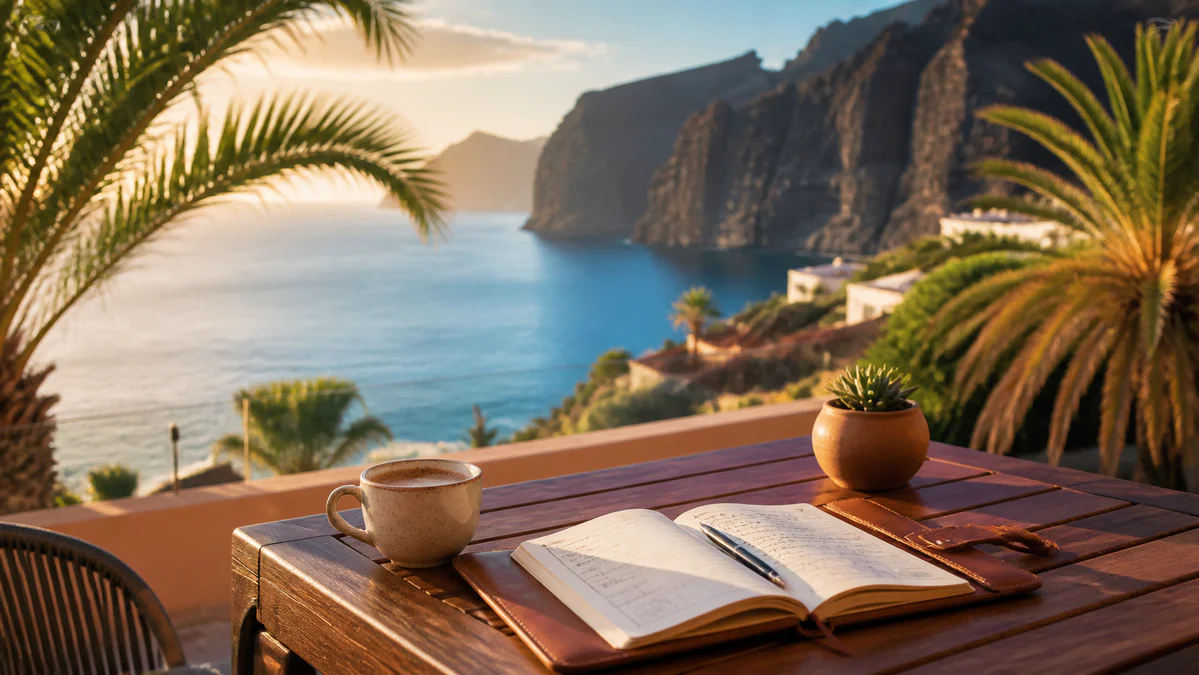 Sunlit terrace overlooking dramatic volcanic cliffs and turquoise ocean of the Canary Islands, with a notebook and coffee cup